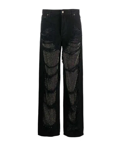 Darkpark Crystal-stitched Holey Wide-leg Pants In Black