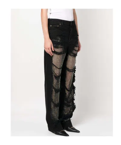 Darkpark Crystal-stitched Holey Wide-leg Pants In Black