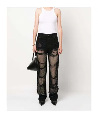 Darkpark Crystal-stitched Holey Wide-leg Pants In Black