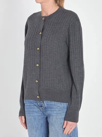 Bottega Veneta Grey Crewneck Cardigan With Knot Buttons Closure And Ribbed Knit In Wool Woman