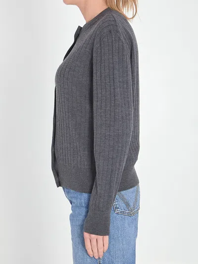 Bottega Veneta Grey Crewneck Cardigan With Knot Buttons Closure And Ribbed Knit In Wool Woman