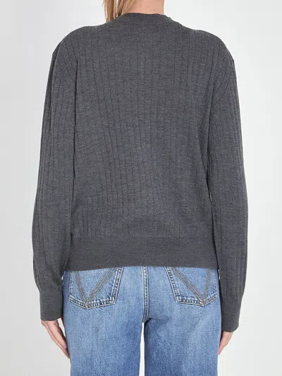 Bottega Veneta Grey Crewneck Cardigan With Knot Buttons Closure And Ribbed Knit In Wool Woman