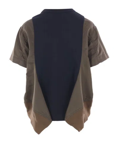 Sacai Navy Kaki Cotton And Nylon T-shirt In Black