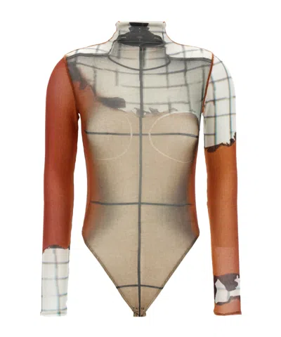 Jean Paul Gaultier 'flame Graphic High Neck Sheer Bodysuit' In White