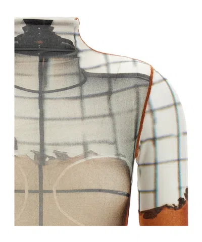 Jean Paul Gaultier 'flame Graphic High Neck Sheer Bodysuit' In White