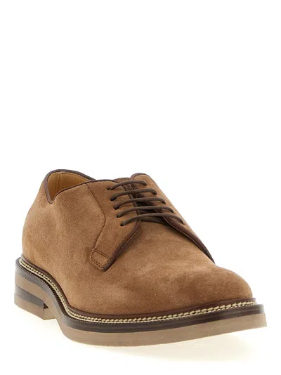 Brunello Cucinelli Suede Lace Up Shoes With Stacked Heel In Brown