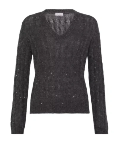 Brunello Cucinelli V-neck Cable Knit Sequin Sweater In Black