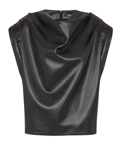 Balmain Cropped Eco-leather Draped Top In Black