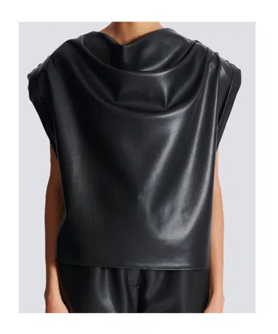 Balmain Cropped Eco-leather Draped Top In Black
