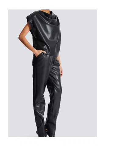Balmain Cropped Eco-leather Draped Top In Black