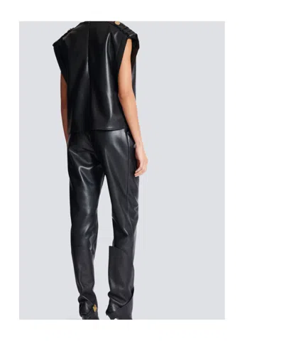 Balmain Cropped Eco-leather Draped Top In Black