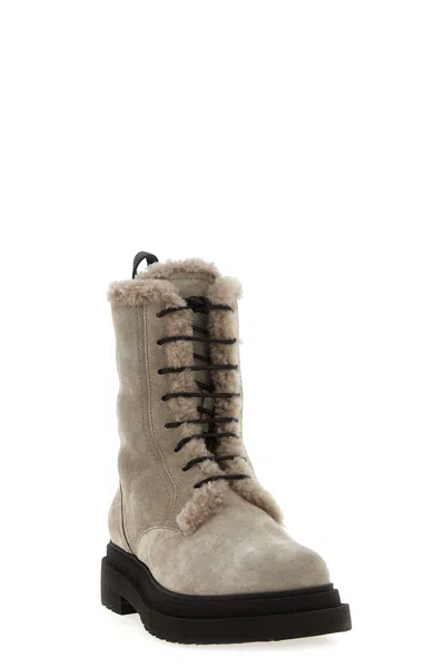 Brunello Cucinelli Suede Boot With Shearling Lining And Shiny Loop Detail In Neutral
