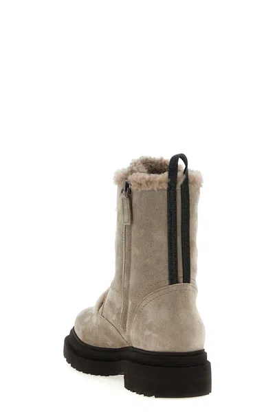 Brunello Cucinelli Suede Boot With Shearling Lining And Shiny Loop Detail In Neutral