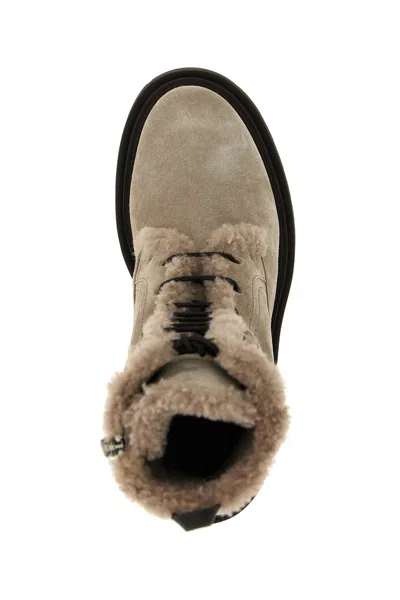 Brunello Cucinelli Suede Boot With Shearling Lining And Shiny Loop Detail In Neutral