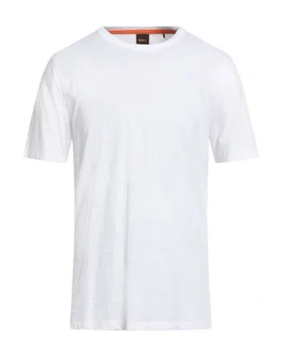 Hugo Boss Boss Mens White Crewneck Embroidered Branding Cotton-jersey T-shirt