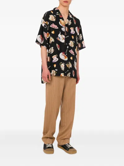 Moschino Graphic Print Camp Collar Lightweight Relaxed Fit In Black