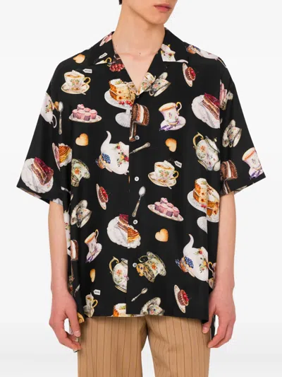 Moschino Graphic Print Camp Collar Lightweight Relaxed Fit In Black