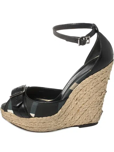 Pre-owned Burberry Nova Check-canvas Wedge Sandals In Black
