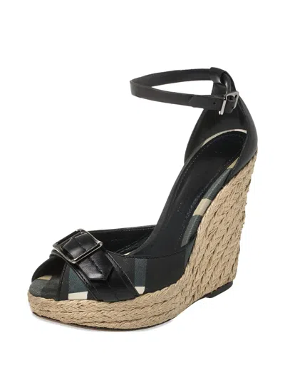 Pre-owned Burberry Nova Check-canvas Wedge Sandals In Black