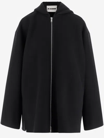 Jil Sander Wool Jacket With Hood And Button Cuffs In Black
