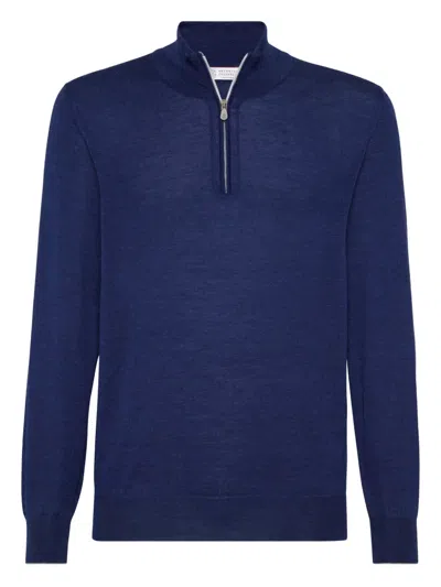 Brunello Cucinelli Half-zip High Collar Sweater In Blue