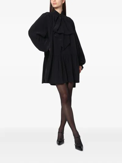 Saint Laurent Long-sleeved Silk Mini Dress In Black
