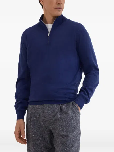 Brunello Cucinelli Half-zip High Collar Sweater In Blue