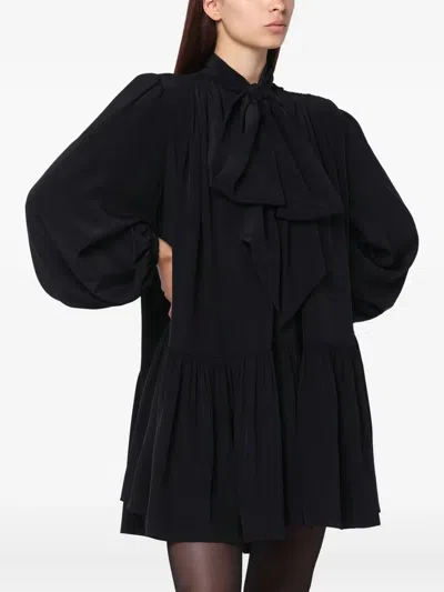 Saint Laurent Long-sleeved Silk Mini Dress In Black