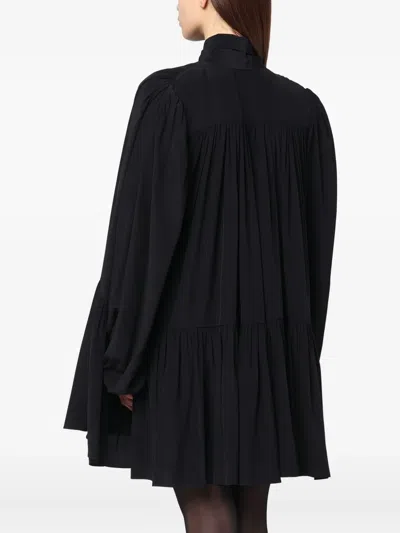 Saint Laurent Long-sleeved Silk Mini Dress In Black