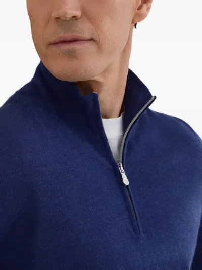 Brunello Cucinelli Half-zip High Collar Sweater In Blue