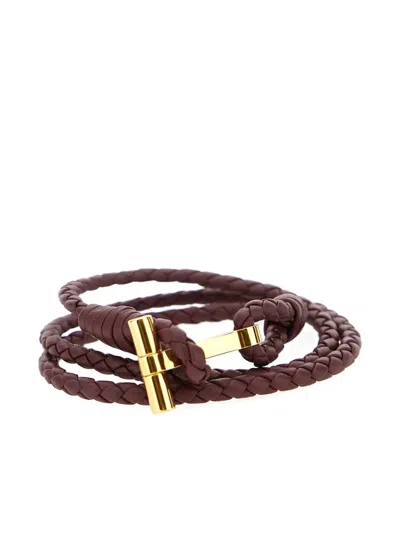 Tom Ford Bordeaux Bracelet With Intrecciato Motif In Leather And Brass Woman In Brown