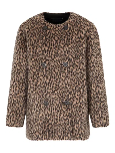 Emporio Armani Leopard Print Double-breasted Coat In Brown