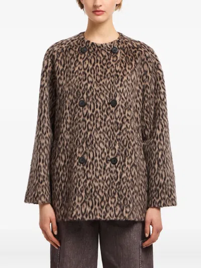 Emporio Armani Leopard Print Double-breasted Coat In Brown