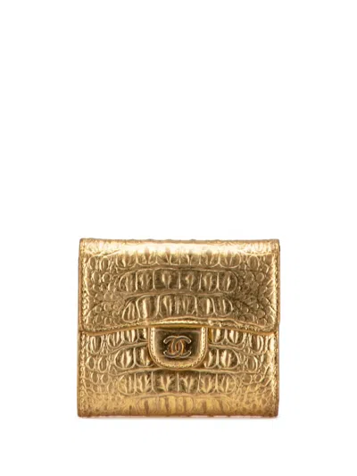 Pre-owned Chanel 2019 Cc Metallic Calfskin Crocodile Embossed Compact Flap Wallet Small Wallets