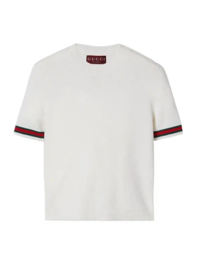 Gucci Extrafine Wool Sweater With Web Detail In White