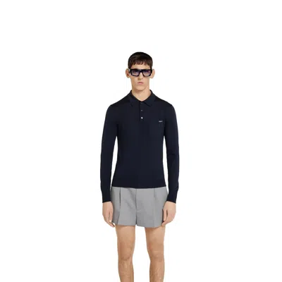 Gucci Fine Wool Knit Polo Top With Intarsia In Black