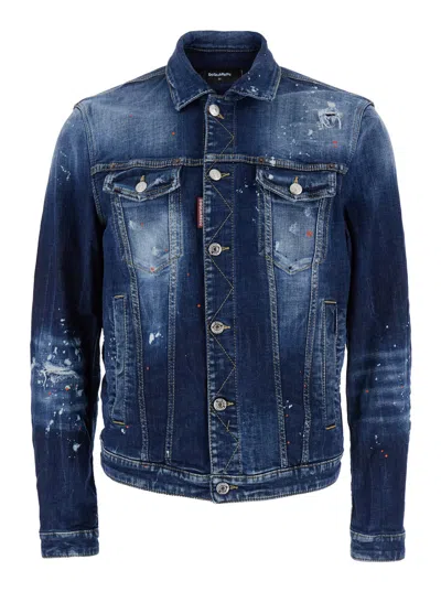 Dsquared2 Dan Blue Jacket With Classic Collar And All-over Painted Details In Denim Man