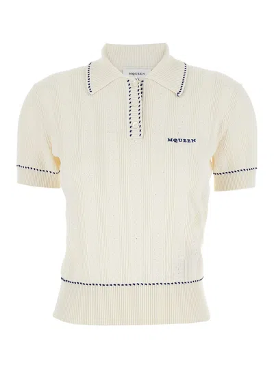Alexander Mcqueen White Polo Shirt With Classic Collar And Logo Lettering Embroidery On The Front In Viscose Woman In Neutral