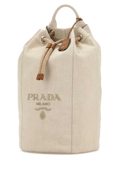 Prada Canvas Backpack With Eyelet Detailing And Top Handle In Neutral