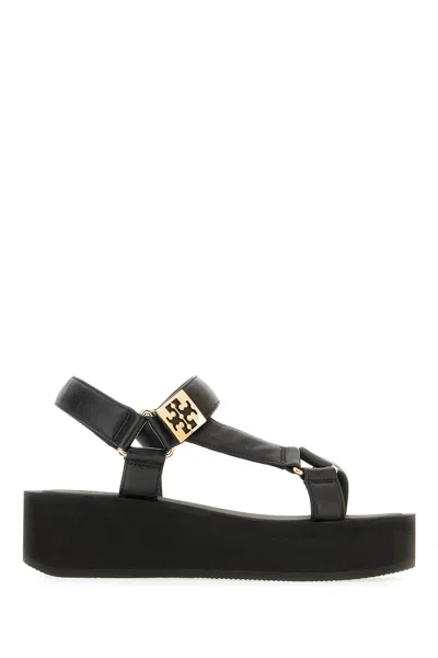 Tory Burch Round Toe Leather Platform Sandals With Ankle Strap In Black