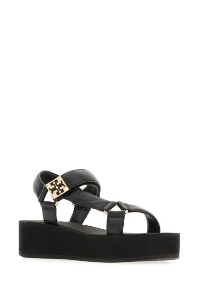 Tory Burch Round Toe Leather Platform Sandals With Ankle Strap In Black