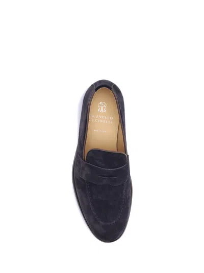 Brunello Cucinelli Leather-trimmed Suede Penny Loafers In Blue