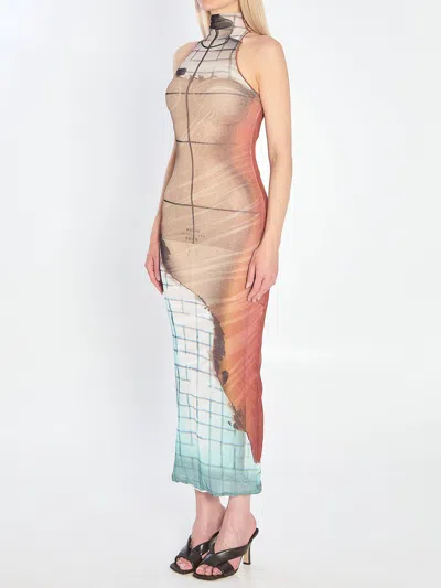 Jean Paul Gaultier Fire Printed Mesh Sleeveless Midi Dress In Multi
