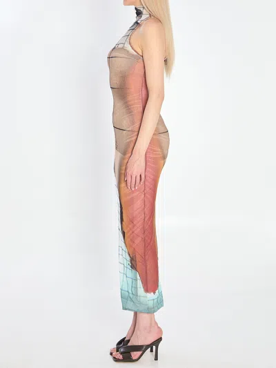 Jean Paul Gaultier Fire Printed Mesh Sleeveless Midi Dress In Multi