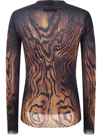 Jean Paul Gaultier Top Long Sleeves Mesh Printed Wood Woman Black And Brown In Brown
