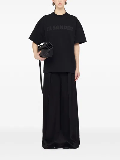 Jil Sander Round Neck Black Cotton T-shirt With Tonal Logo Print In Multi