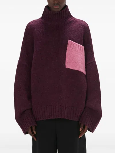 Jw Anderson Contrast-pocket Ribbed-knit Jumper In Burgundy