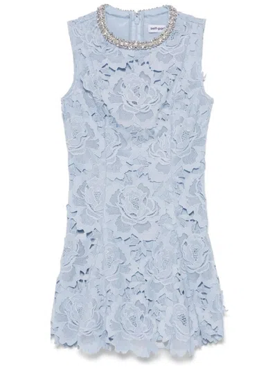 Self-portrait Bue Crewneck Mini Dress With Rhinestoned Collar And All-over Floral Lace Embroidery In Tech Fabric W
