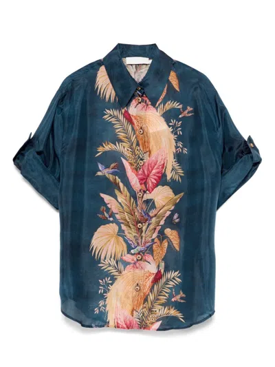 Zimmermann Womens Dark Blue Palm Floral Ascension Relaxed-fit Silk Shirt Xs In Blue