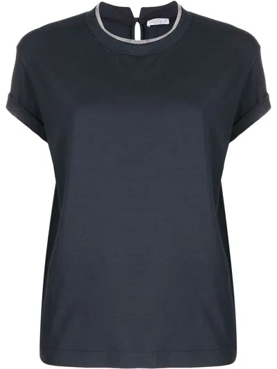 Brunello Cucinelli Blue Crewneck T-shirt With Monil Detail On The Collar And Rear Cut-out In Cotton Stretch Woman In Blue